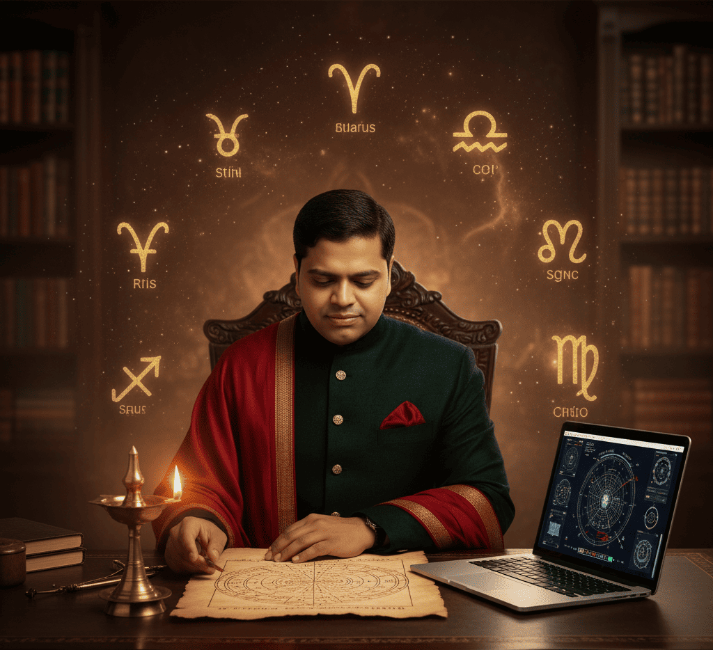 Astrologer Reading Birth Chart with Zodiac Signs