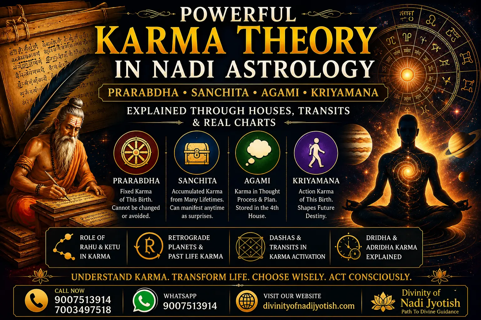 Powerful Karma Theory in Nadi Astrology explaining Prarabdha Karma Sanchita Karma Agami Karma and Kriyamana Karma